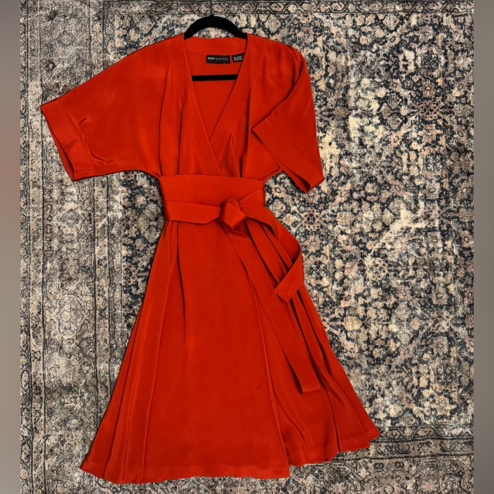 Vintage Red Silk Dana Buchman Wrap Dress with Kimono Style Sleeves